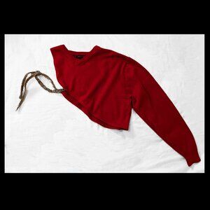 Handcrafted Off The Shoulder Red Sweater with Denim Arm Tie